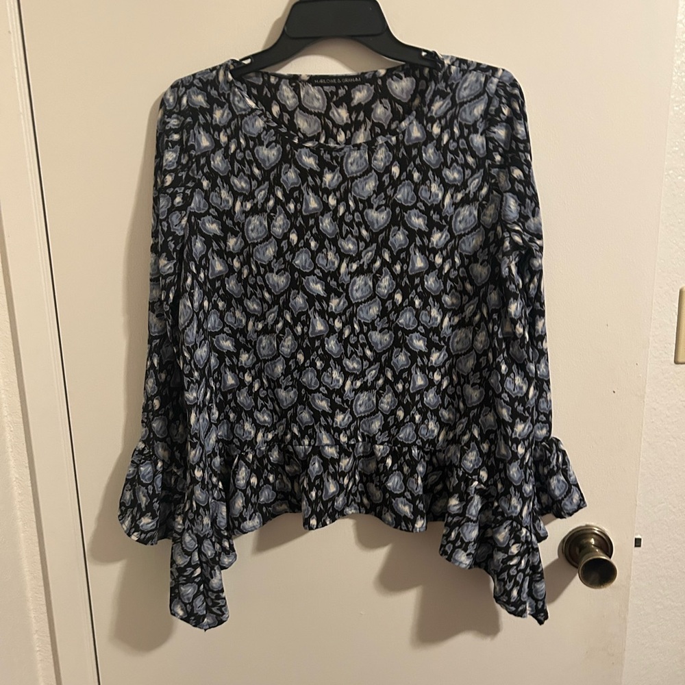 Harlowe & Graham Black Asymmetrical Ruffled 3/4 Sleeve Blouse